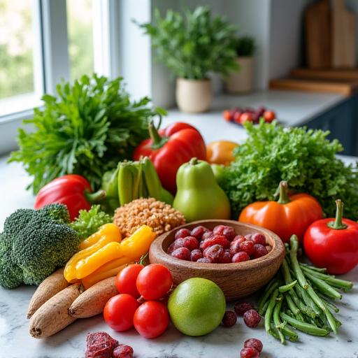 A colorful array of healthy foods on a kitchen counter.